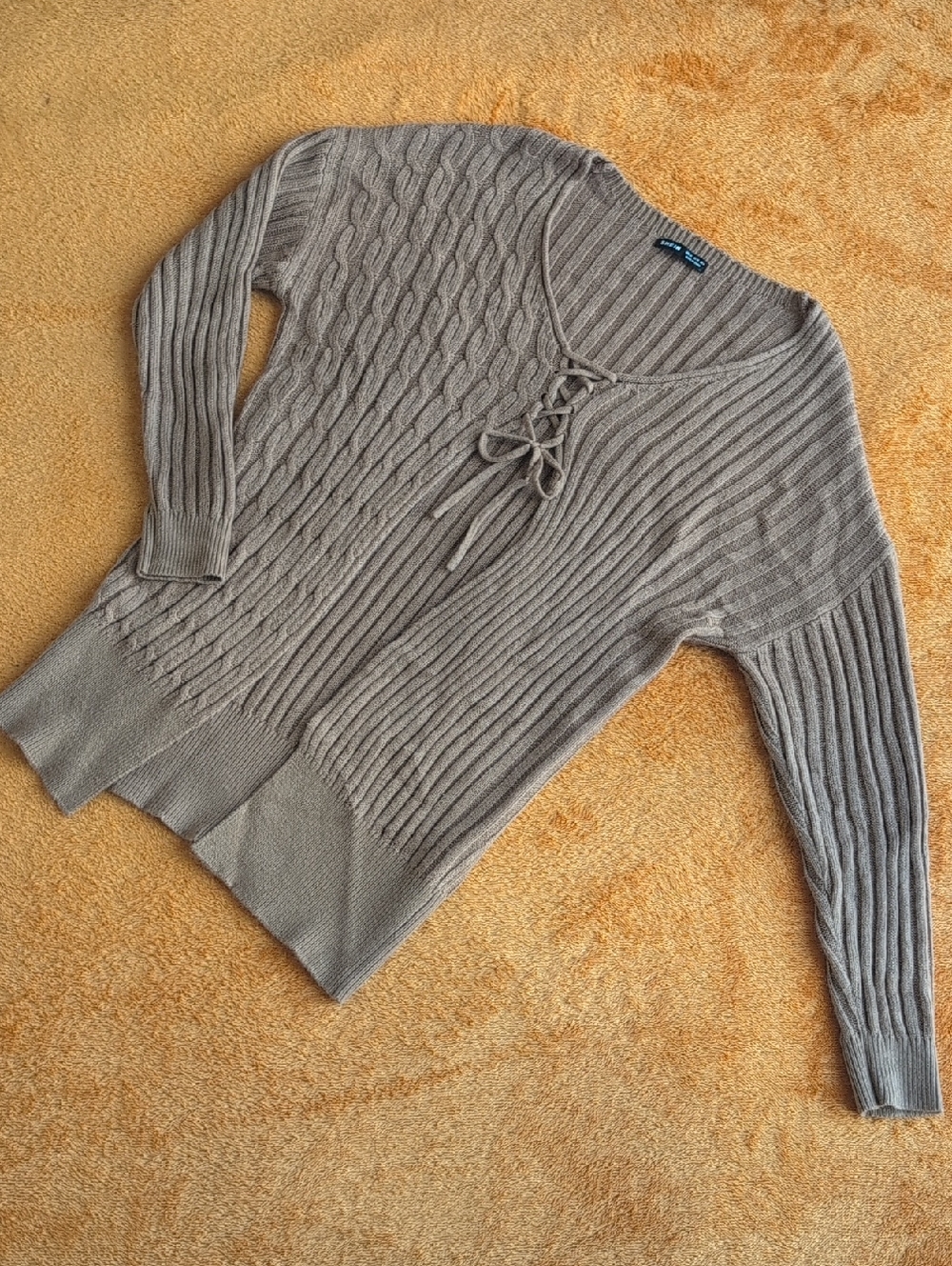 SHEIN Taupe Lace-Up V-Neck Cable & Rib Knit Sweater